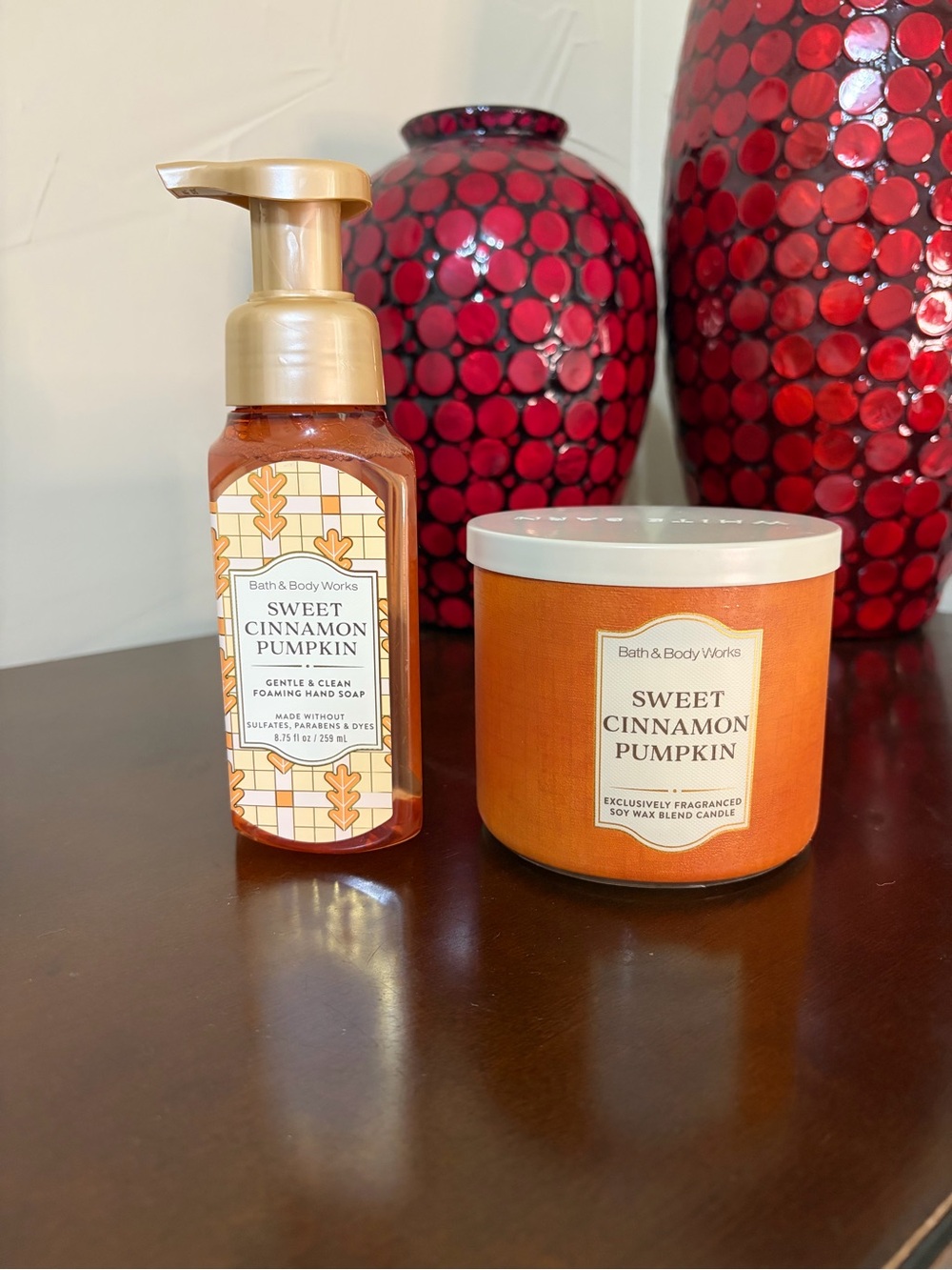 Bath & Body Works Sweet Cinnamon Pumpkin Foaming Hand Soap & 3 Wick Candle Set